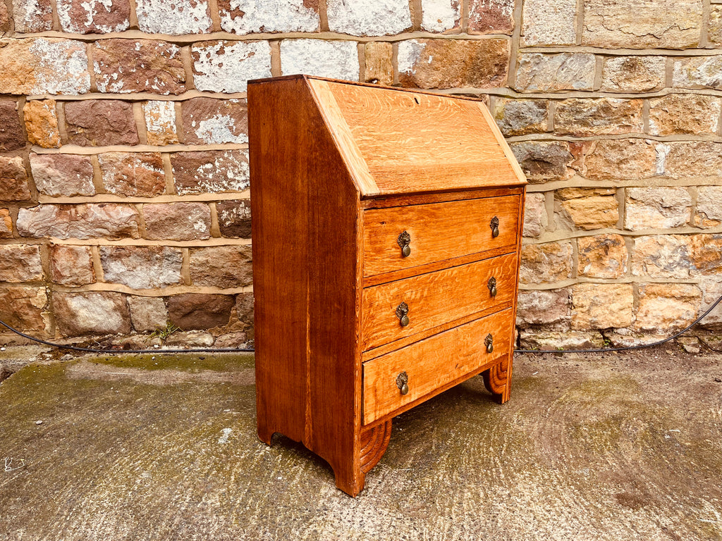 1930s Solid Oak Bureau Writing Desk with Fall Front & Pigeonholes
