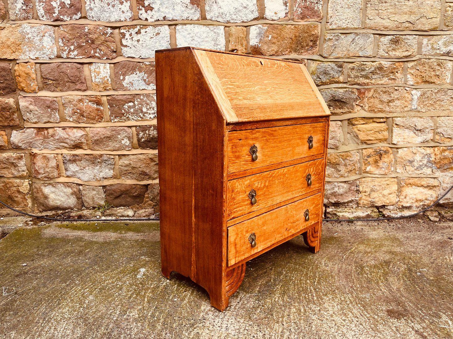1930s Solid Oak Bureau Writing Desk with Fall Front & Pigeonholes