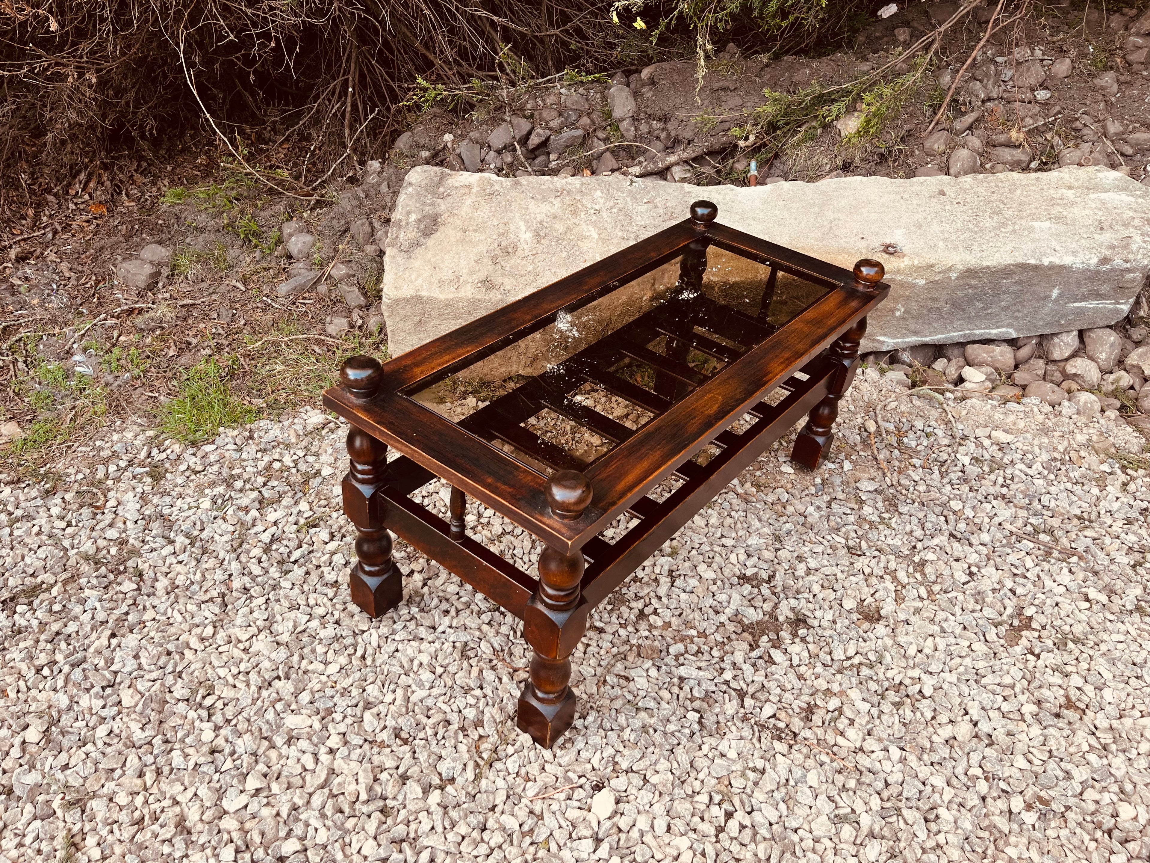 Vintage Mahogany Coffee Table with Glass Top and Shelf