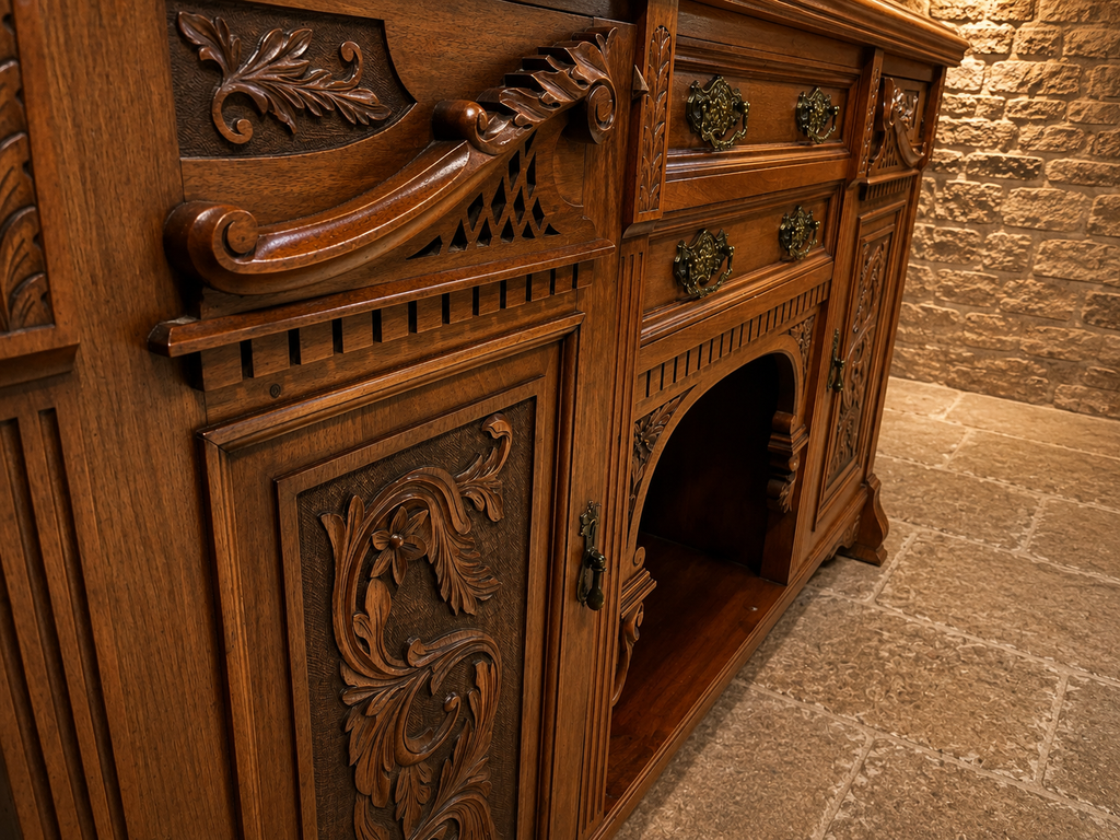 Victorian Carved Oak Sideboard | Antique Gothic Revival Buffet Cabinet | English Circa 1880–1900