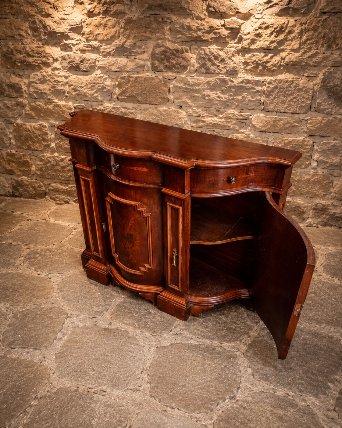 Antique Italian Walnut Marquetry Sideboard | Serpentine Credenza | Neoclassical Revival Buffet Cabinet | Circa 1920