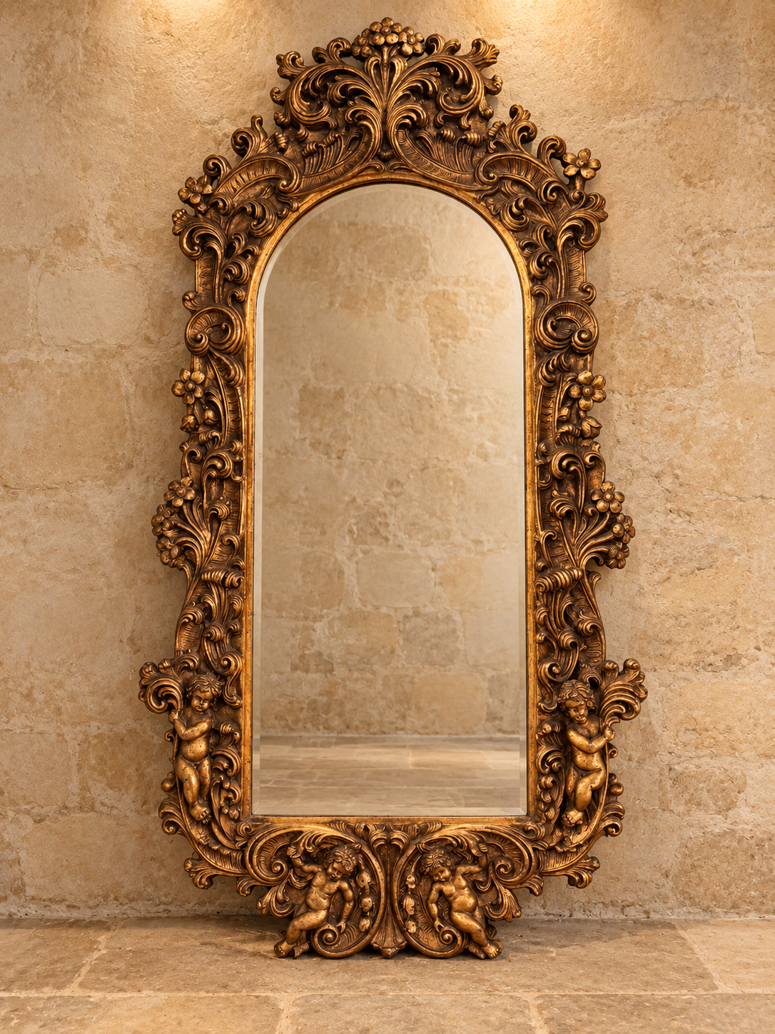 Large ornate gold Rococo style cherub mirror