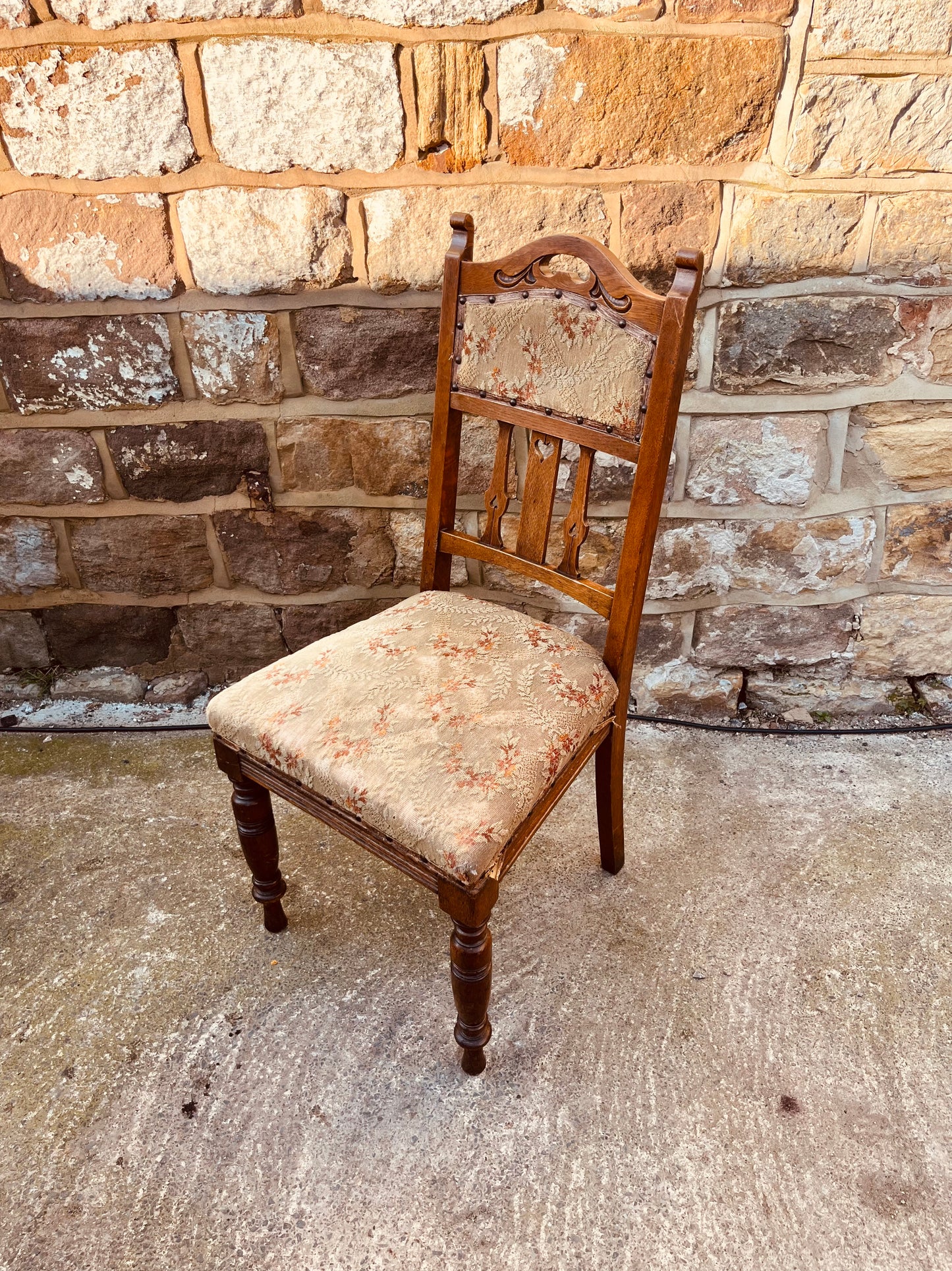 Antique Edwardian Oak Dining Chair – Upholstered Seat & Back, Carved Detail Hall Chair, Victorian Style Side Chair