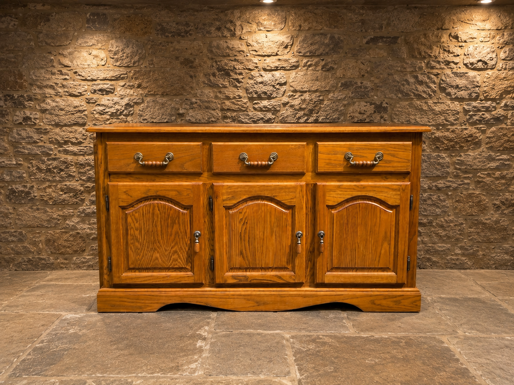 Vintage Solid Oak Country Sideboard – Large Three Drawer Farmhouse Storage Cabinet