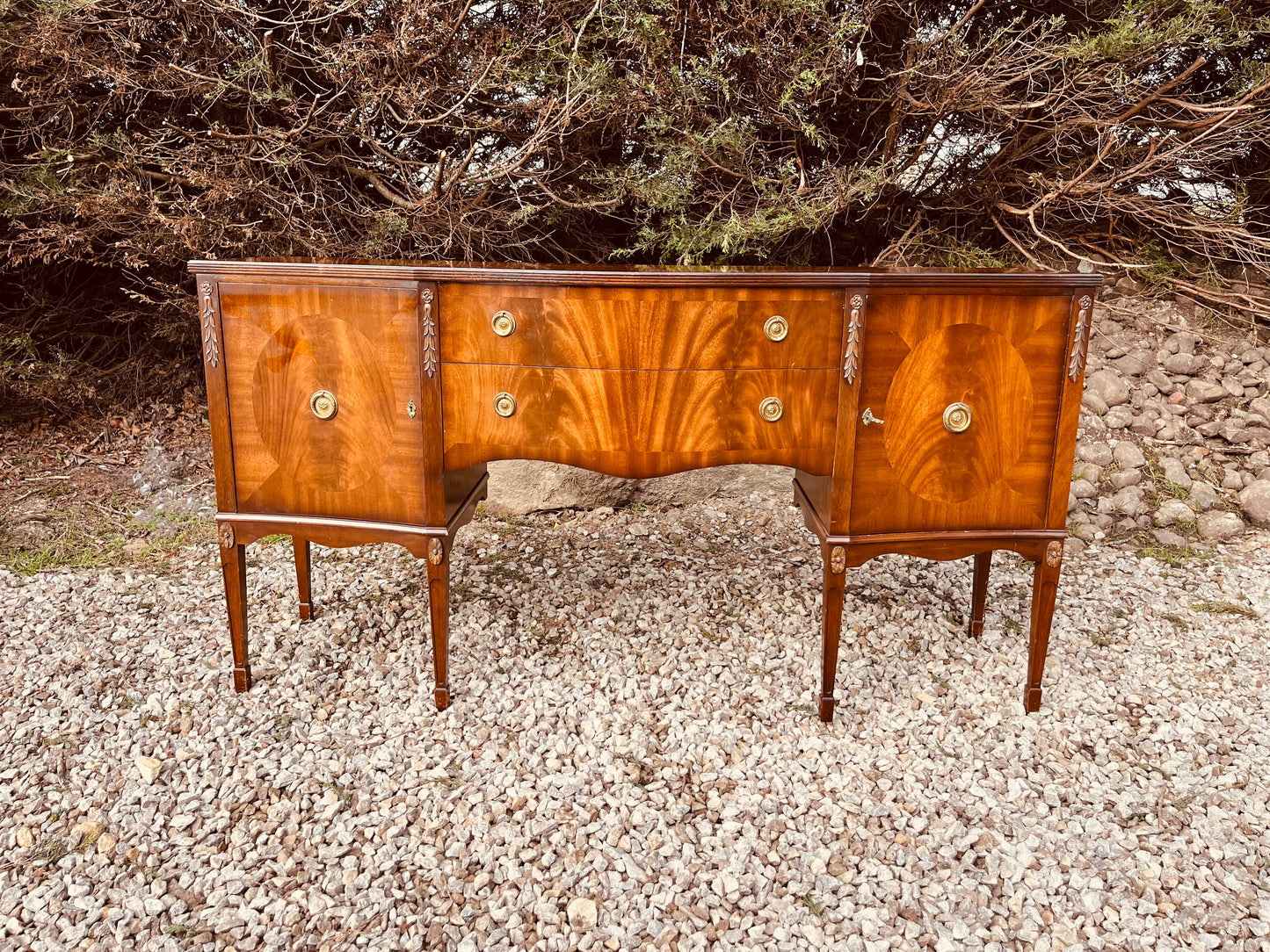 Antique Edwardian Mahogany Bow Front Sideboard – Sheraton Revival Flame Mahogany Server Cabinet