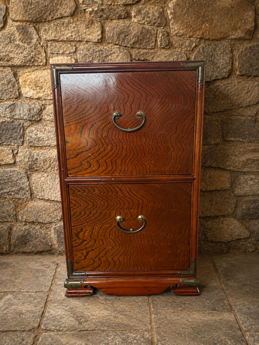 Vintage Elm Campaign Style Bedside Cabinet with Brass Mounts