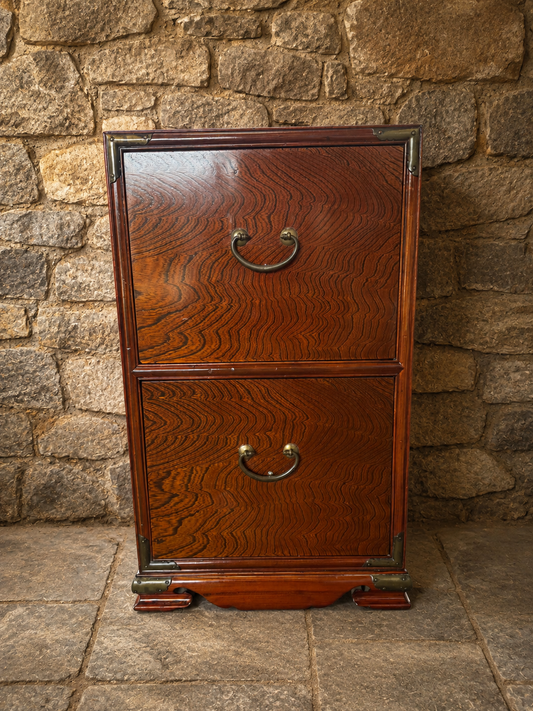 Vintage Elm Campaign Style Bedside Cabinet with Brass Mounts