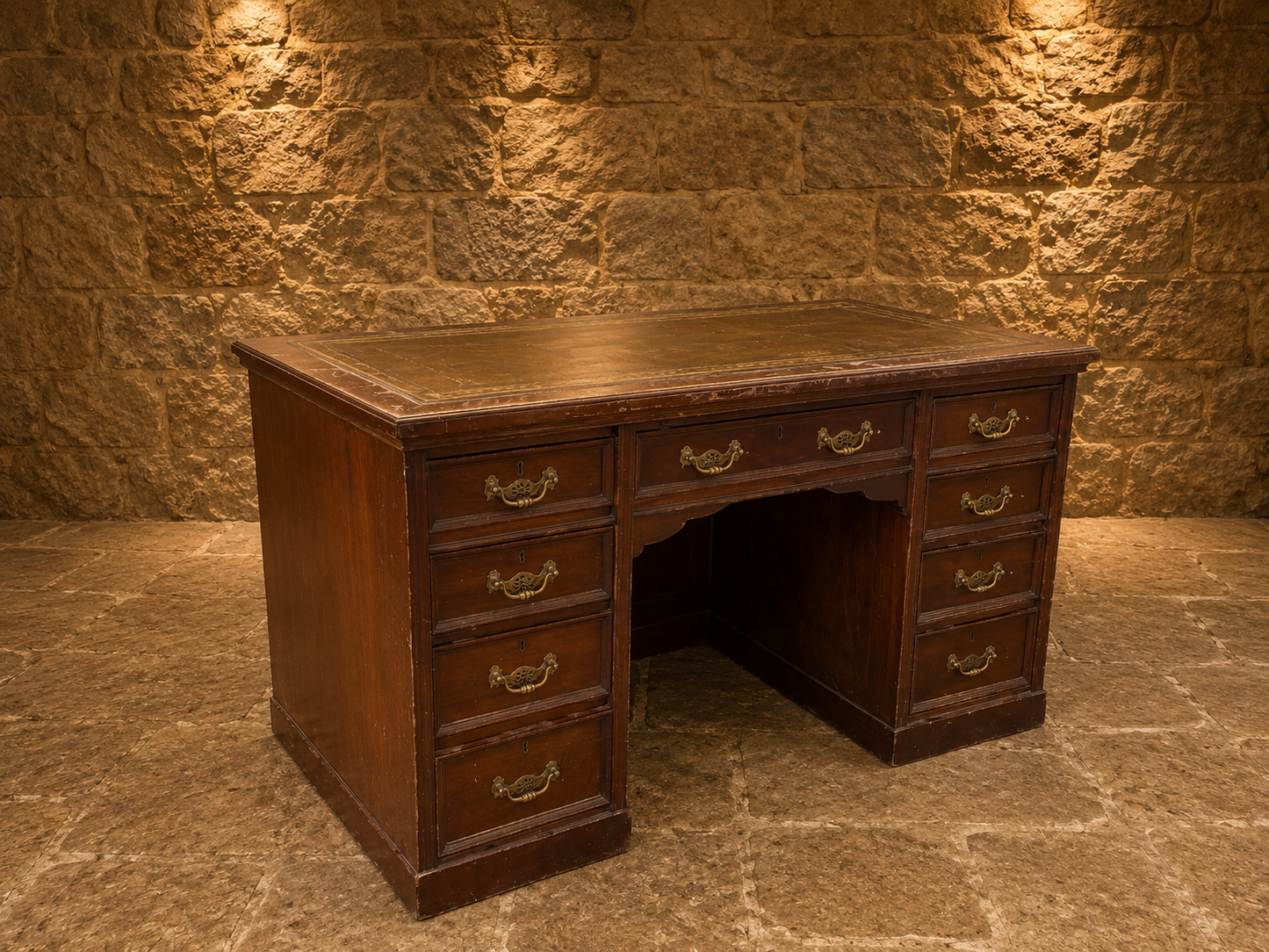 Antique Late Victorian Mahogany Pedestal Desk with Gilt Tooled Leather Writing Surface