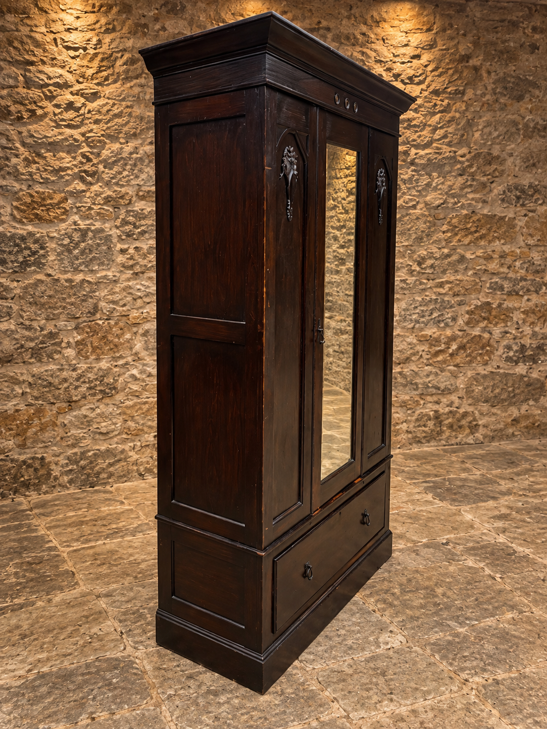 Antique Dark Oak Mirrored Wardrobe – Late Victorian / Edwardian c.1900