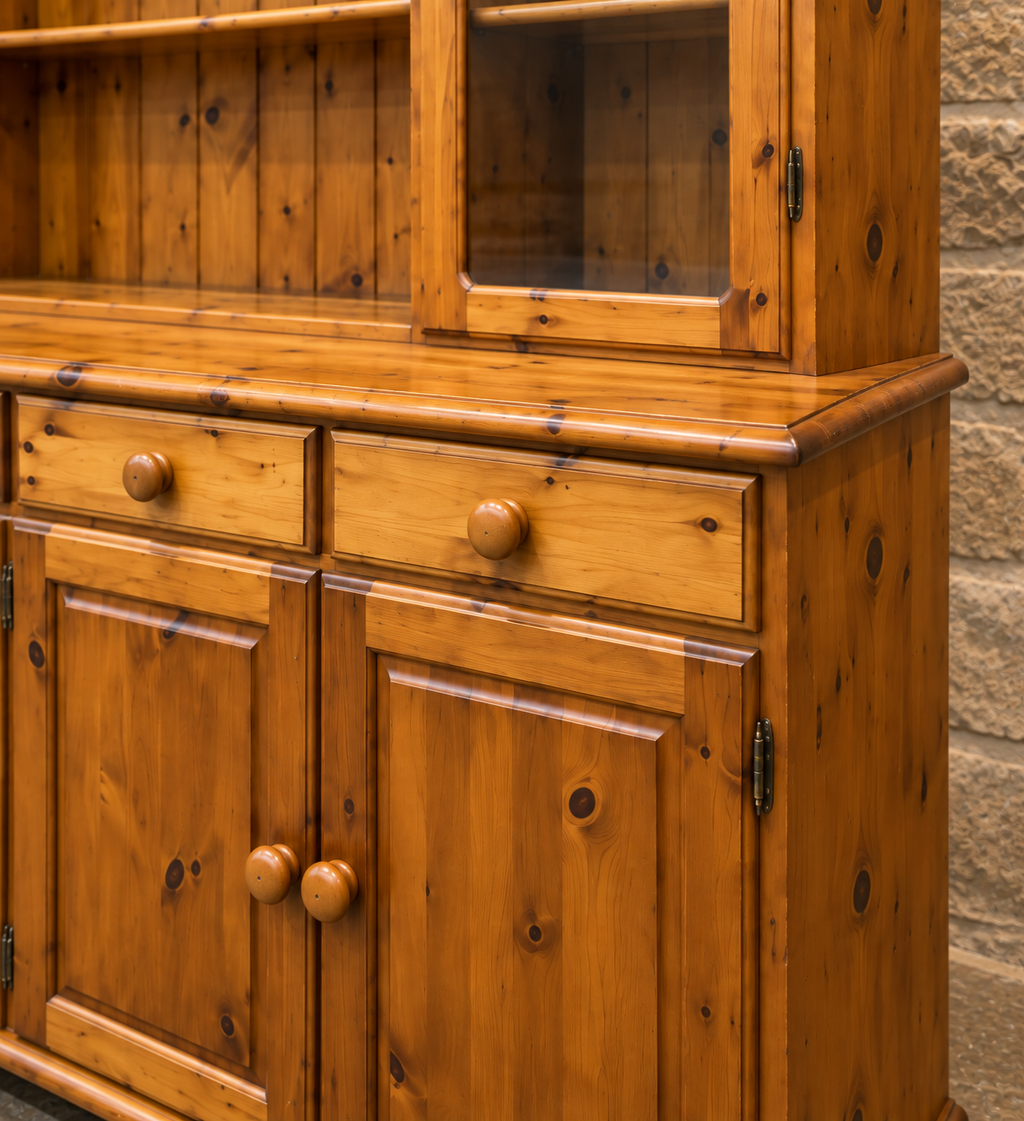 Vintage pine farmhouse dresser with glazed cupboards