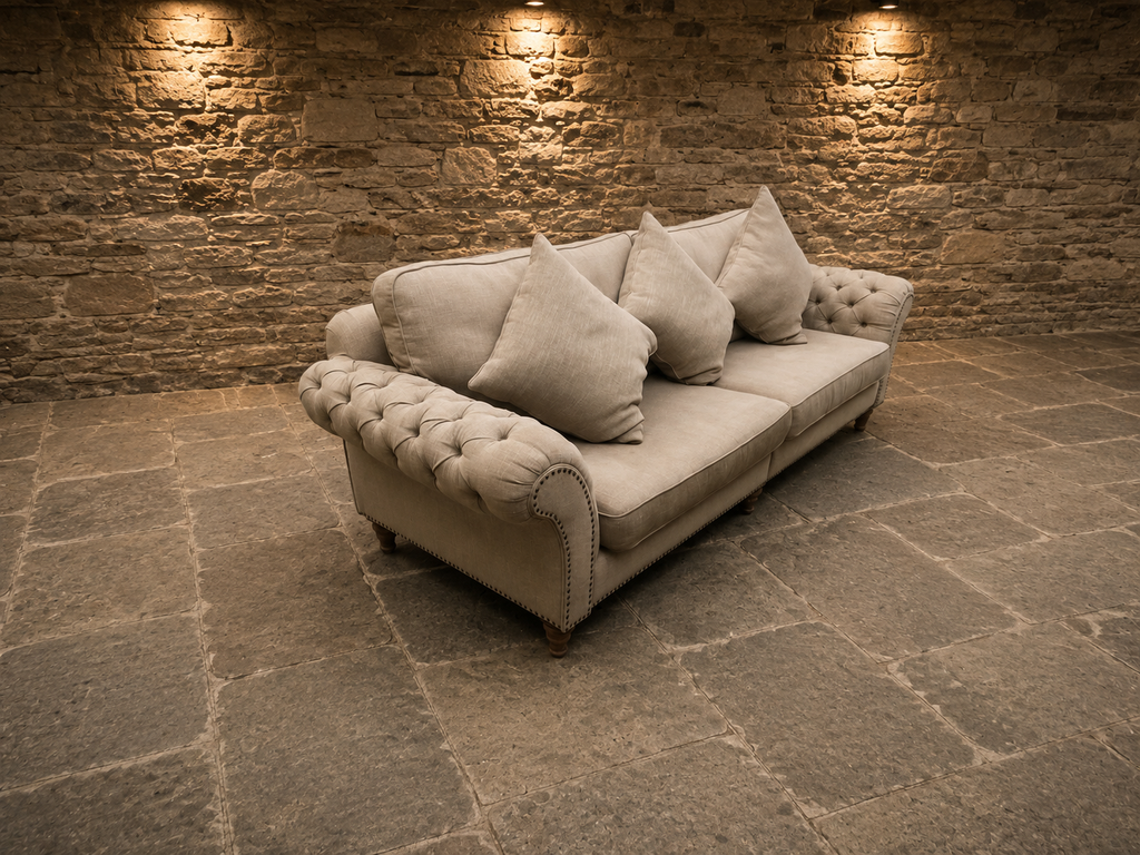 Large Chesterfield Style 3 Seater Sofa – Neutral Linen Look Upholstery & Buttoned Arms