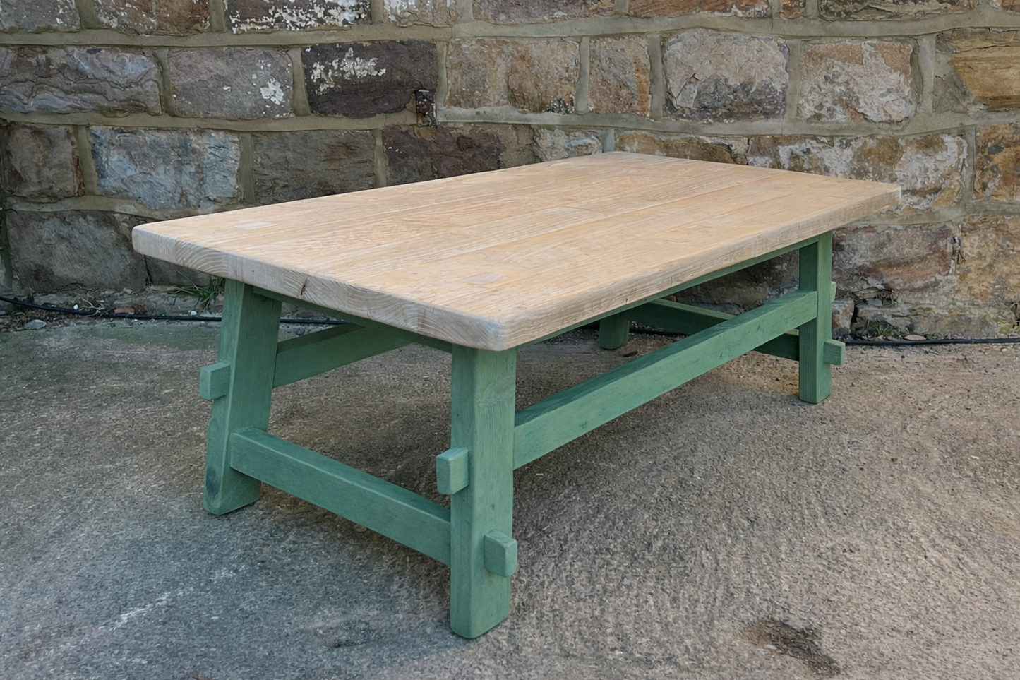 Handcrafted Solid Wood Farmhouse Coffee Table – Natural Top & Heritage Green Base