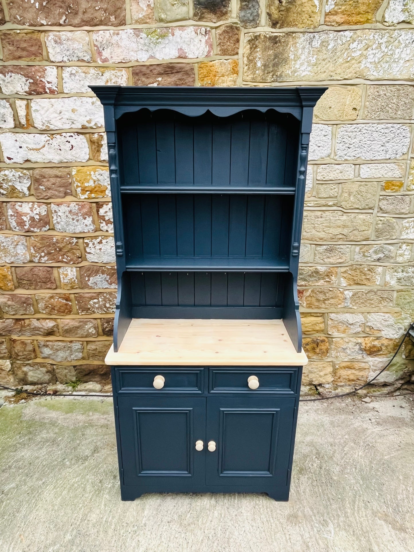 Mid-20th Century Welsh Dresser | Hand-Painted Navy Blue Farmhouse Cupboard with Solid Wood Top