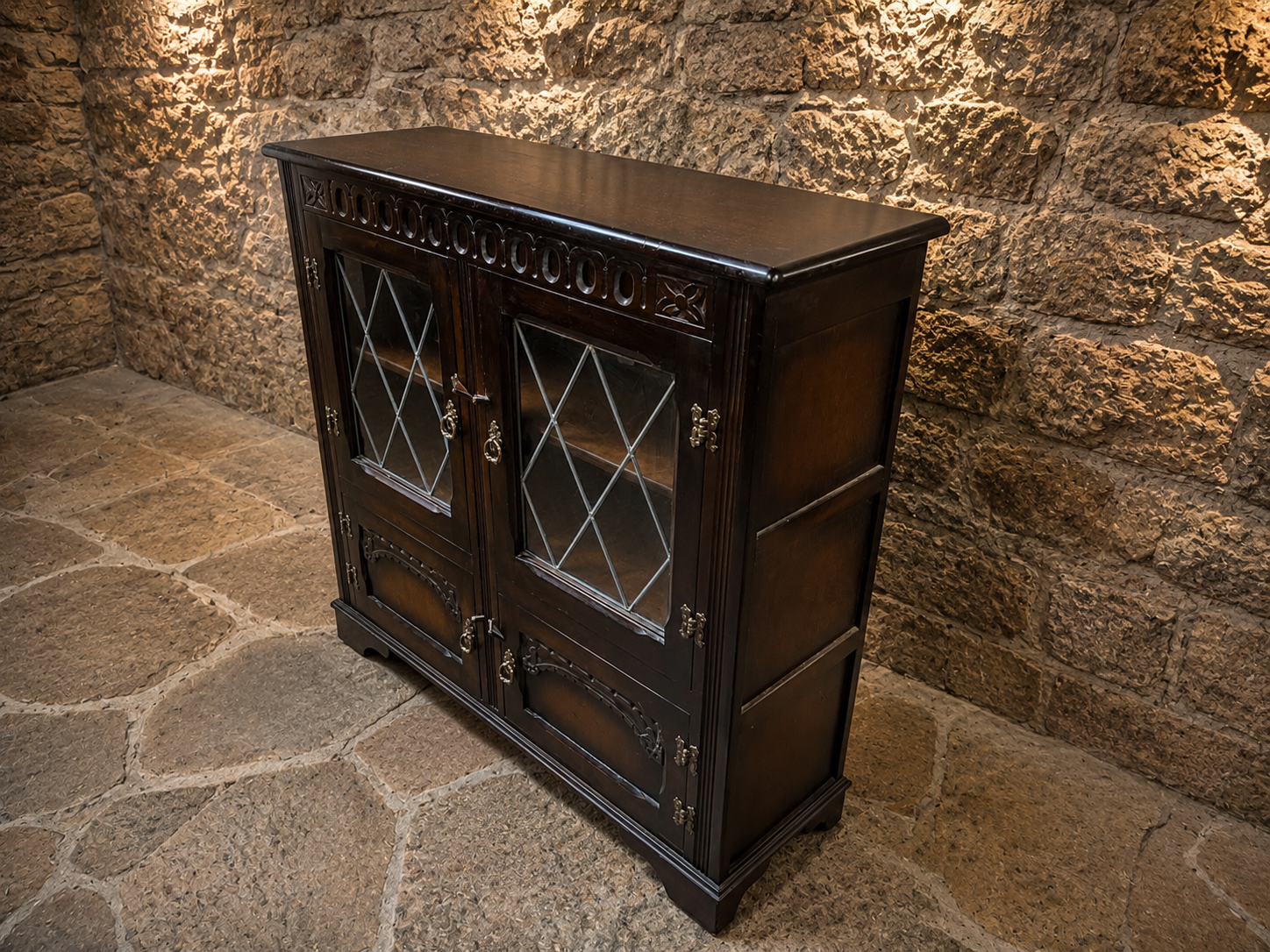 Vintage Jacobean Revival Oak Leaded Glass Sideboard | English Court Cupboard | Antique Display Cabinet | Drinks Cabinet