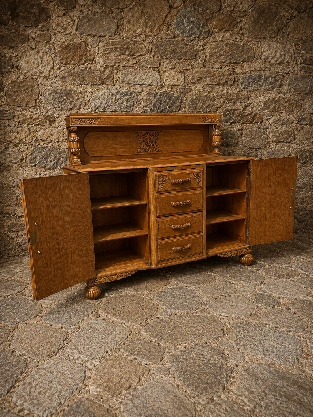 Antique Carved Oak Art Deco Sideboard c1930