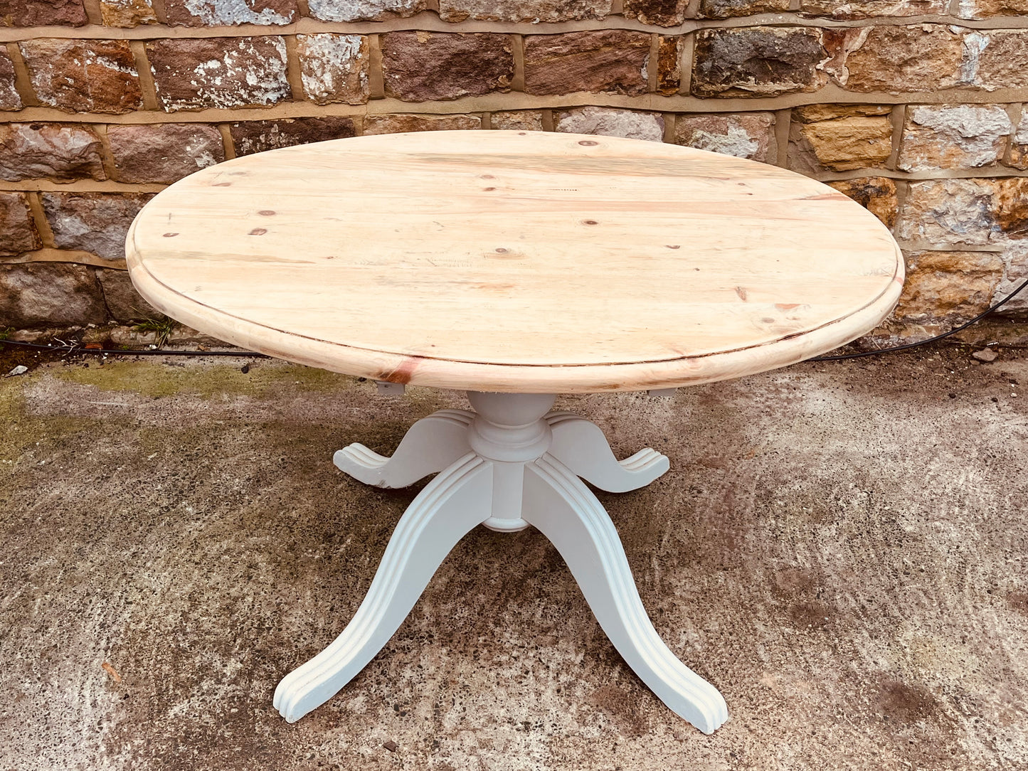 Mid-20th Century Round Solid Wood Pedestal Table | Hand-Painted Base & Natural Top