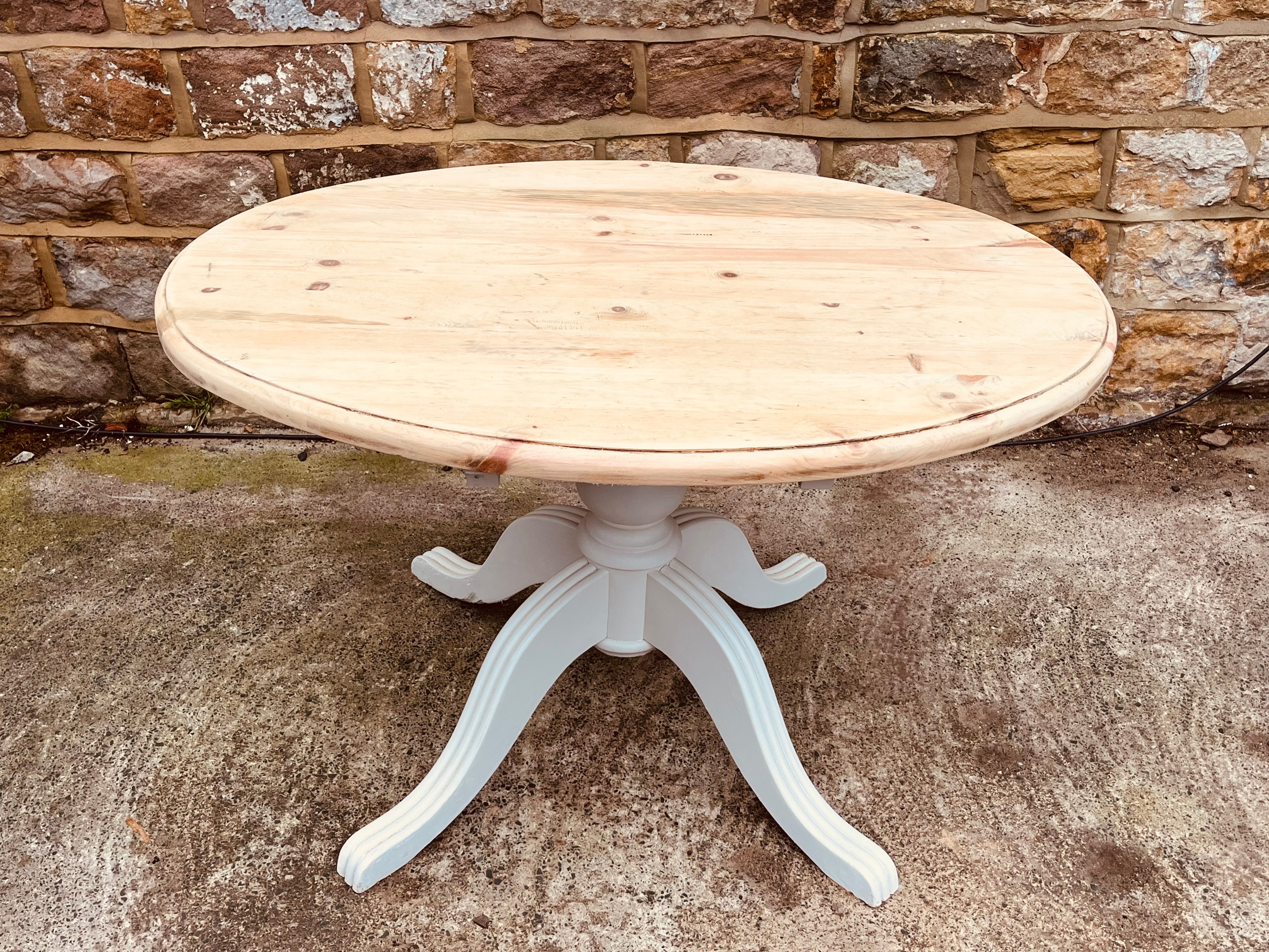 Mid-20th Century Round Solid Wood Pedestal Table | Hand-Painted Base & Natural Top