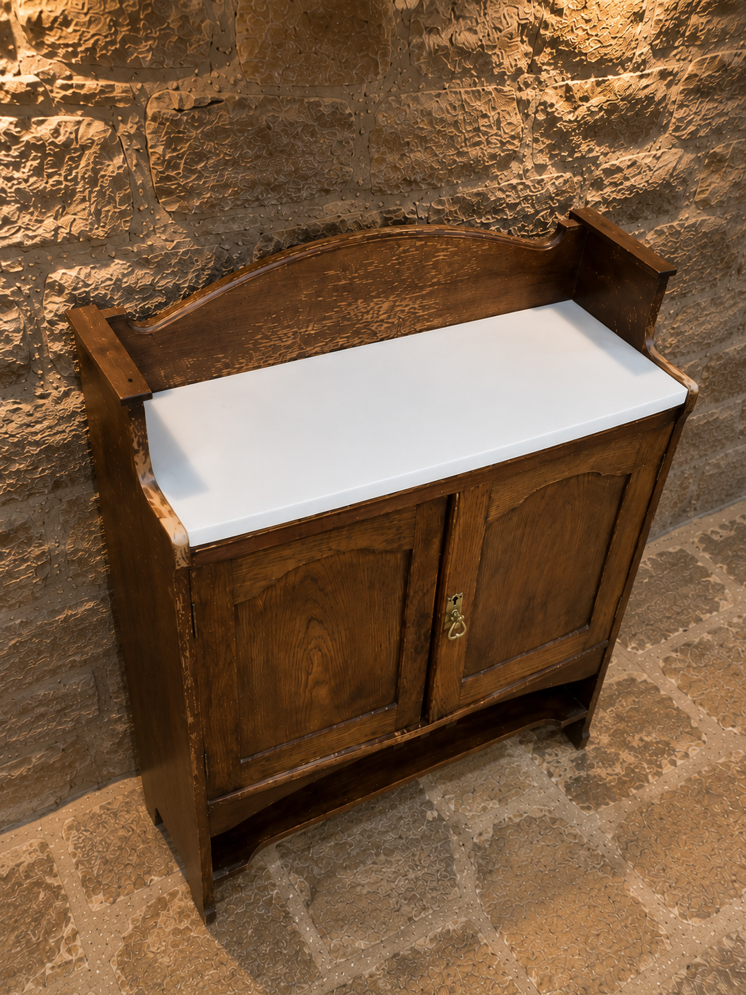 Antique Edwardian Arts & Crafts Oak Washstand | Original Ceramic Top | Hall Cabinet | Bathroom Vanity | Country Cottage Storage Cupboard | Circa 1900–1915