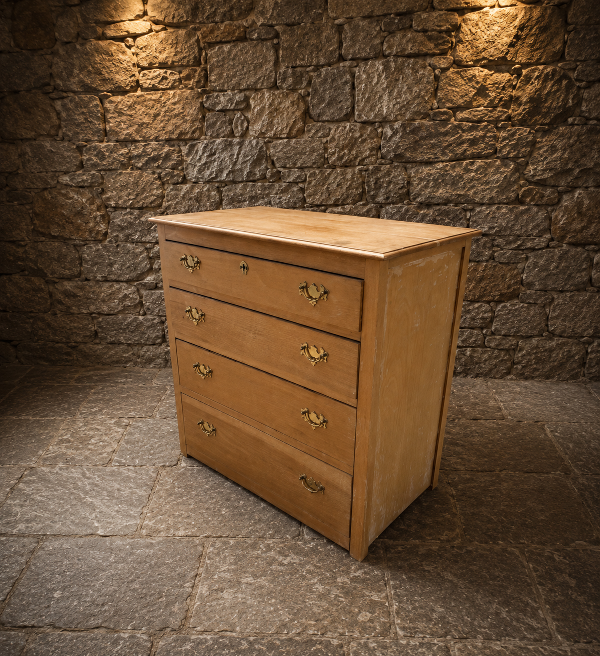 Vintage Natural Oak Four Drawer Chest – Georgian Style Brass Handle Chest of Drawers