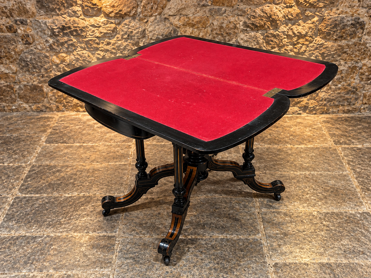 Antique Victorian Ebonised Burr Walnut Fold Over Card & Games Table c.1875