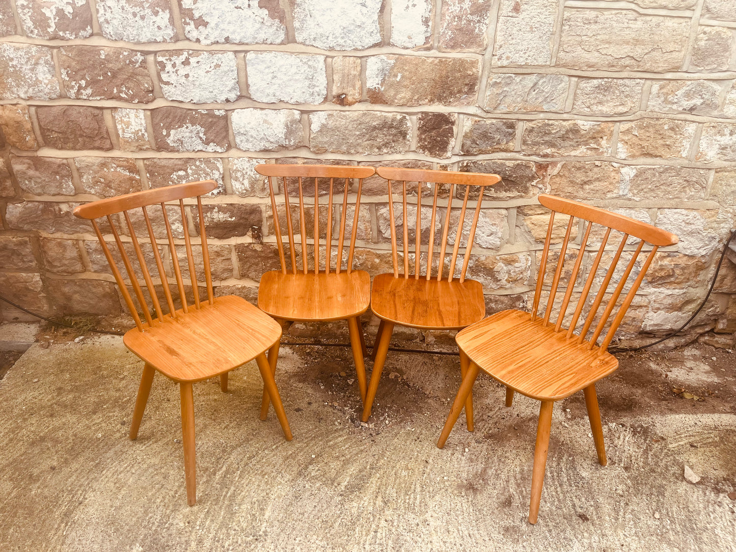 Set of 4 Vintage Spindle-Back Dining Chairs – Rustic Wooden Finish