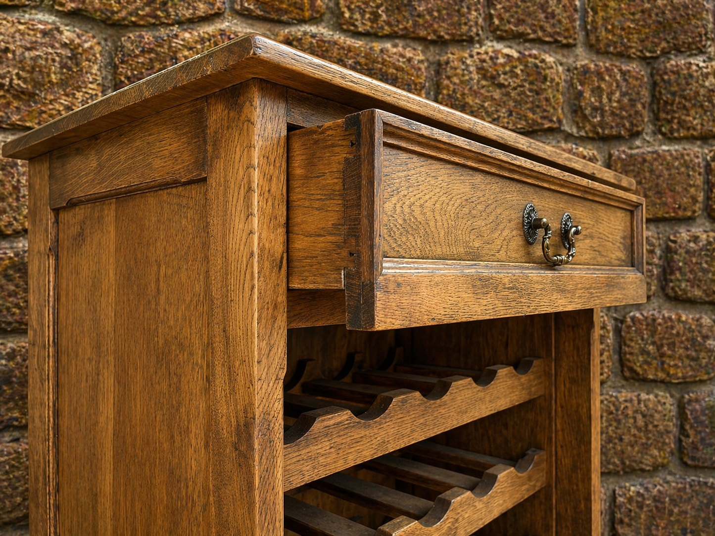 Vintage Oak Wine Rack Cabinet with Drawer – Rustic Drinks Storage Unit