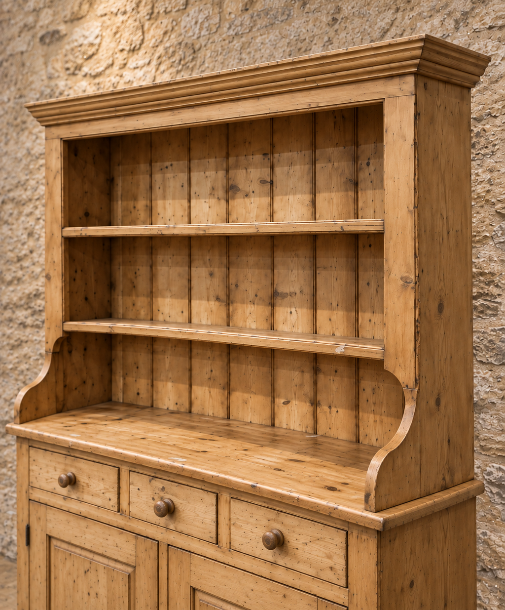 Vintage pine farmhouse dresser with open shelving