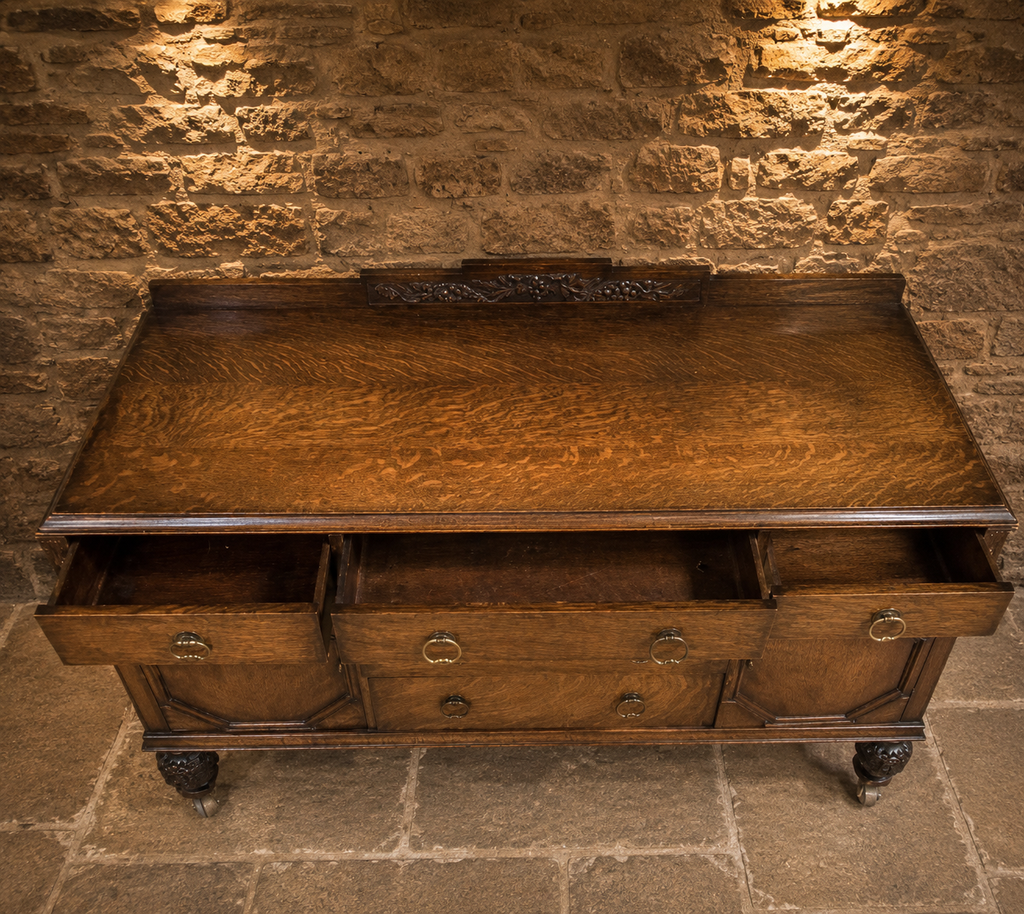 Antique English Tiger Oak Jacobean Revival Sideboard | Solid Oak Buffet | Circa 1930