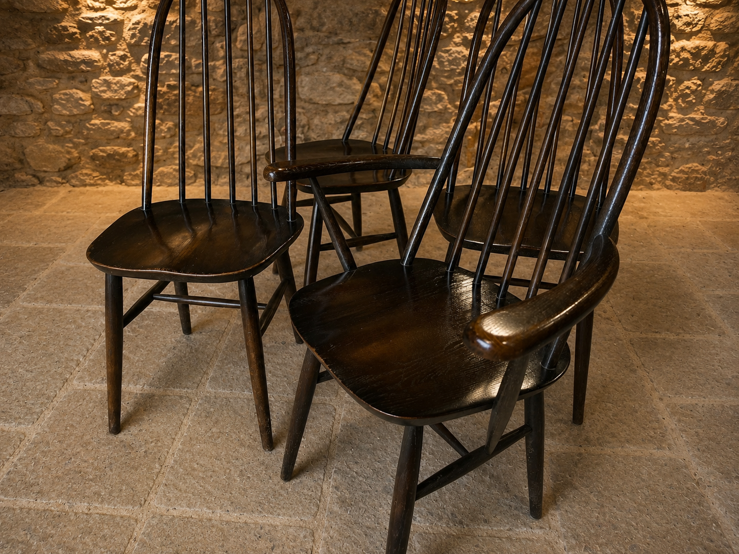 Set of 4 Genuine Ercol Windsor Dining Chairs – 3 Side Chairs & 1 Carver – Dark Windsor Finish