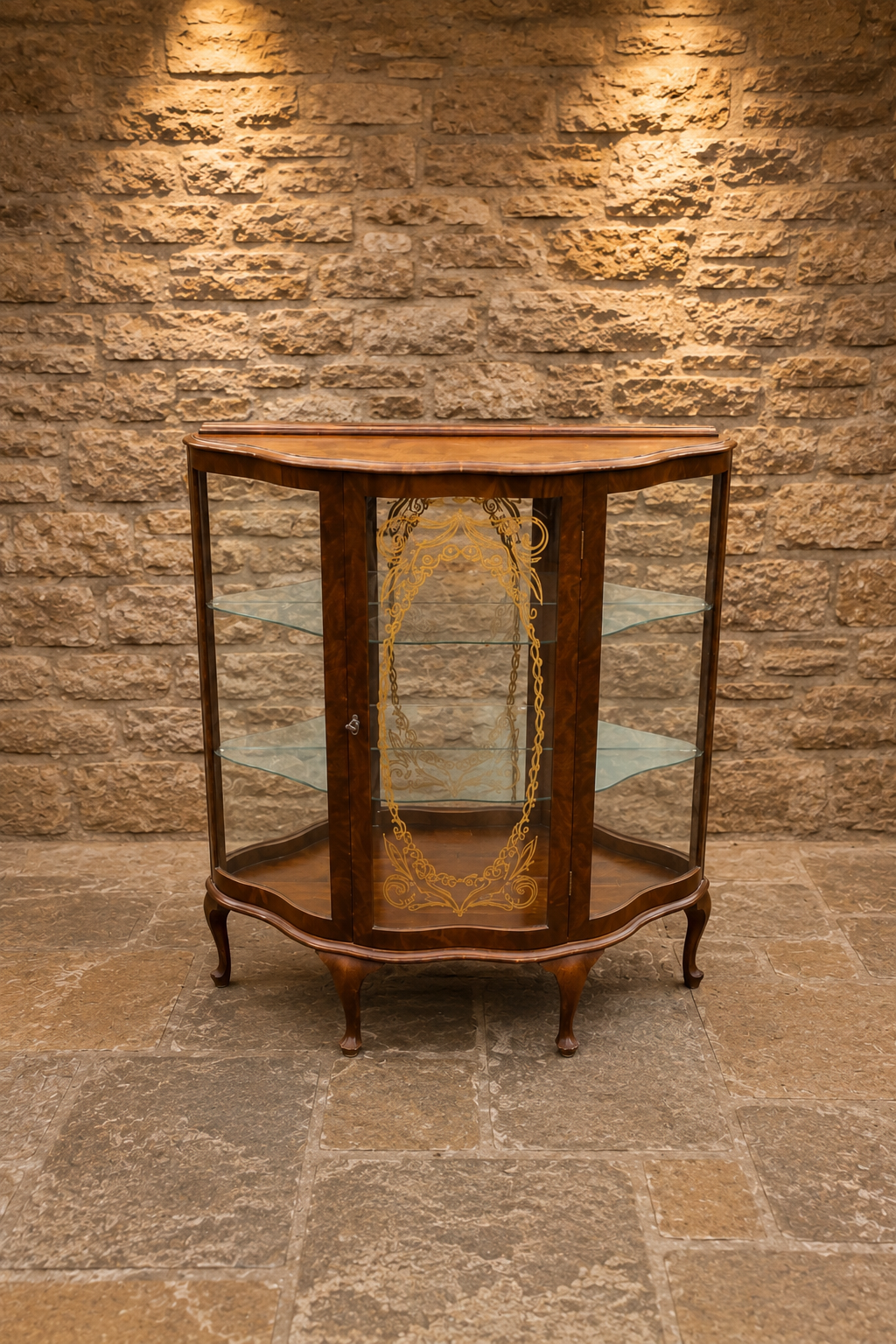 Edwardian Bow Front Walnut Display Cabinet | Antique Curved Glass Curio Cabinet | Circa 1905–1915