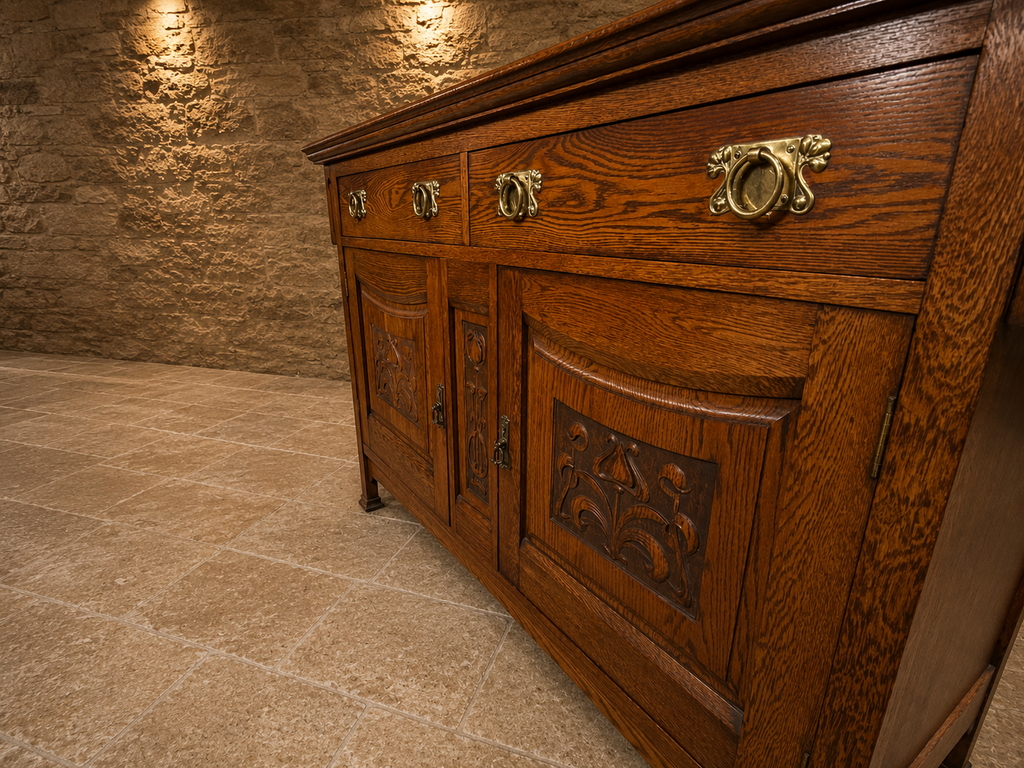 Antique Arts & Crafts Oak Sideboard | Edwardian Solid Oak Buffet Cabinet | Hand Carved English Storage Cabinet | 1905–1920