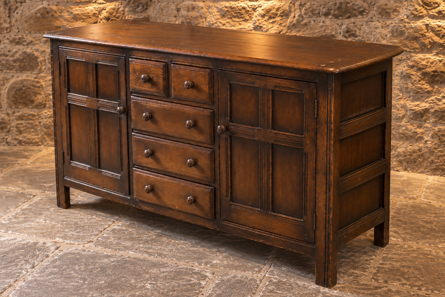 Vintage Ercol Dark Oak Sideboard Dresser – Five Drawers & Two Cupboards