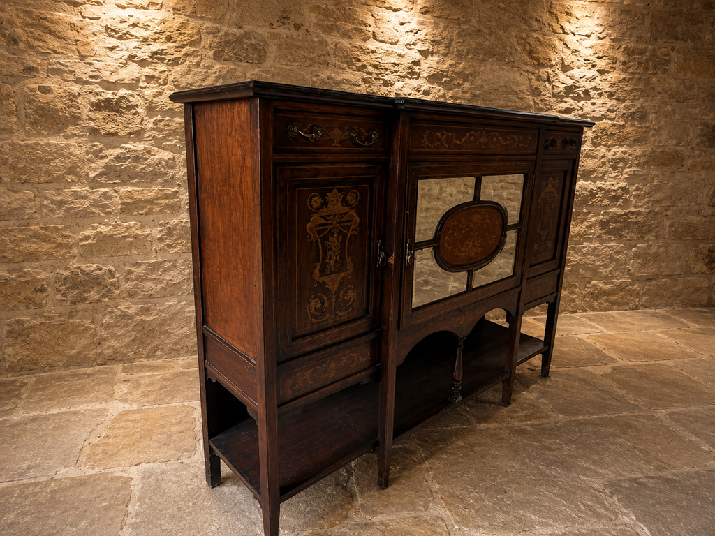 Antique Edwardian Inlaid Mahogany Sideboard c.1900–1915 | Marquetry Drinks Cabinet with Mirrored Doors