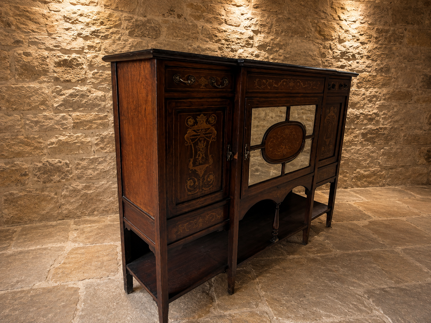 Antique Edwardian Inlaid Mahogany Sideboard c.1900–1915 | Marquetry Drinks Cabinet with Mirrored Doors