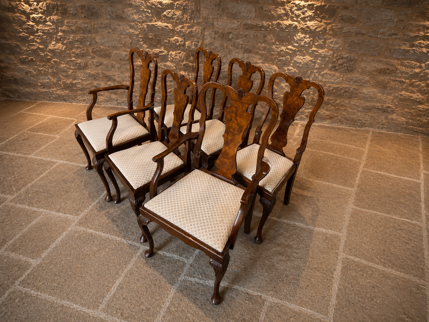 Set of 6 Queen Anne Style Dining Chairs | Mahogany & Burr Walnut Dining Chairs | Vintage English Dining Suite | 4 Chairs & 2 Carvers