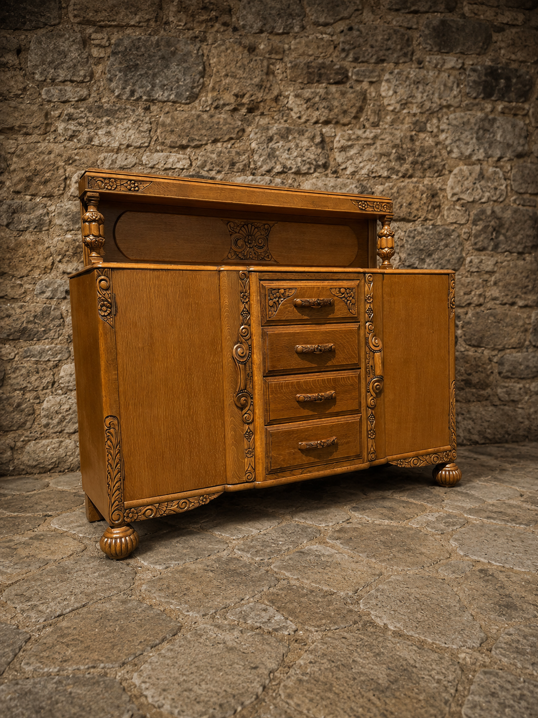 Antique Carved Oak Art Deco Sideboard c1930
