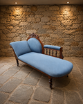 Antique Victorian Carved Walnut Chaise Longue – Circa 1880 – Blue Upholstered Daybed