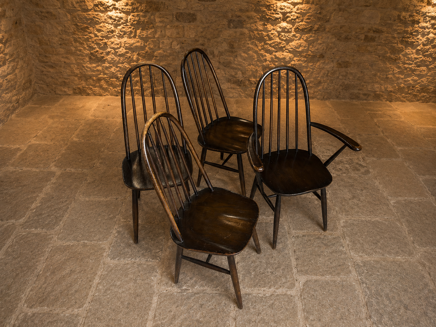 Set of 4 Genuine Ercol Windsor Dining Chairs – 3 Side Chairs & 1 Carver – Dark Windsor Finish