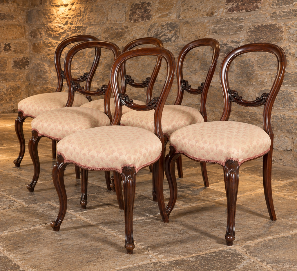 Set of Six Antique Victorian Mahogany Balloon Back Dining Chairs – c.1840–1860