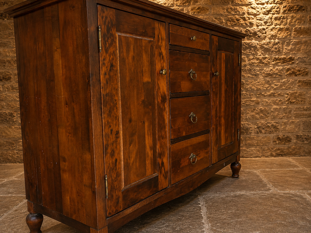 Vintage Rustic Hardwood Sideboard – Four Drawers & Double Cupboard Storage