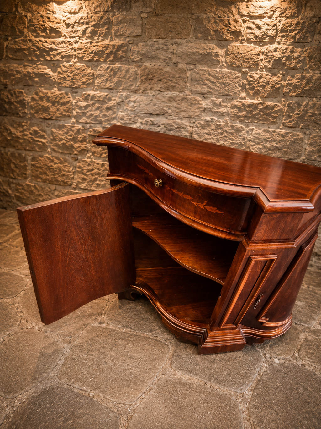 Antique Italian Walnut Marquetry Sideboard | Serpentine Credenza | Neoclassical Revival Buffet Cabinet | Circa 1920