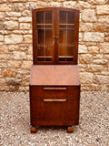 Vintage Oak Bureau Bookcase Cabinet with Glazed Top & Drop Front Desk