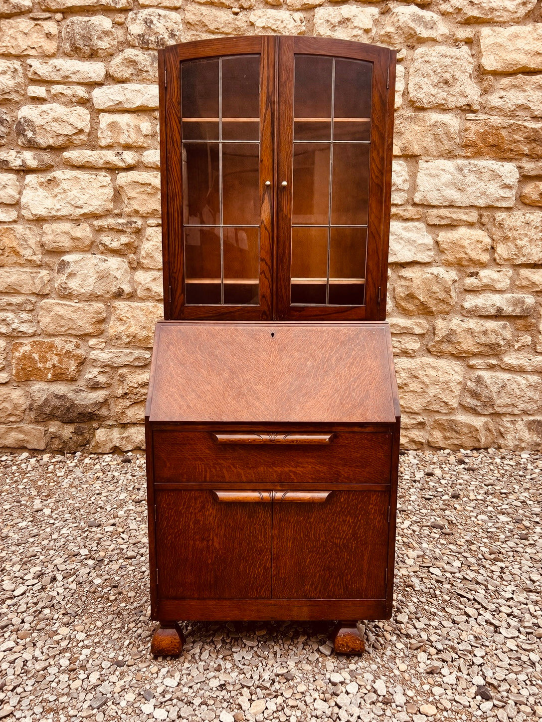 Vintage Oak Bureau Bookcase Cabinet with Glazed Top & Drop Front Desk