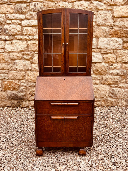 Vintage Oak Bureau Bookcase Cabinet with Glazed Top & Drop Front Desk