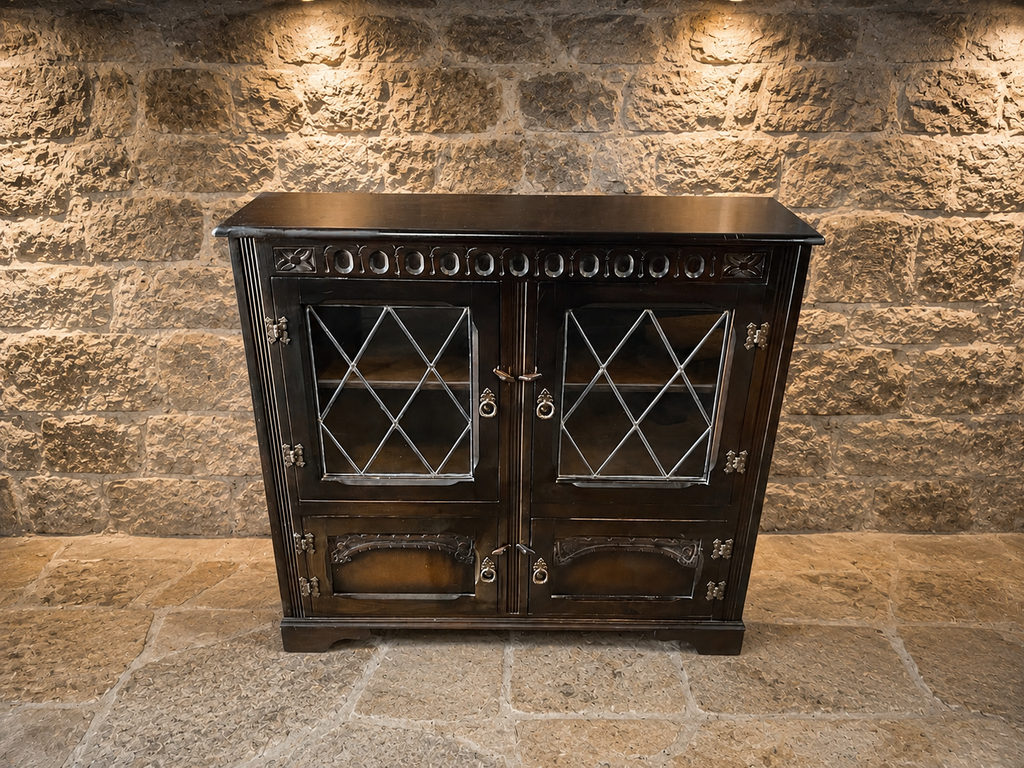 Vintage Jacobean Revival Oak Leaded Glass Sideboard | English Court Cupboard | Antique Display Cabinet | Drinks Cabinet