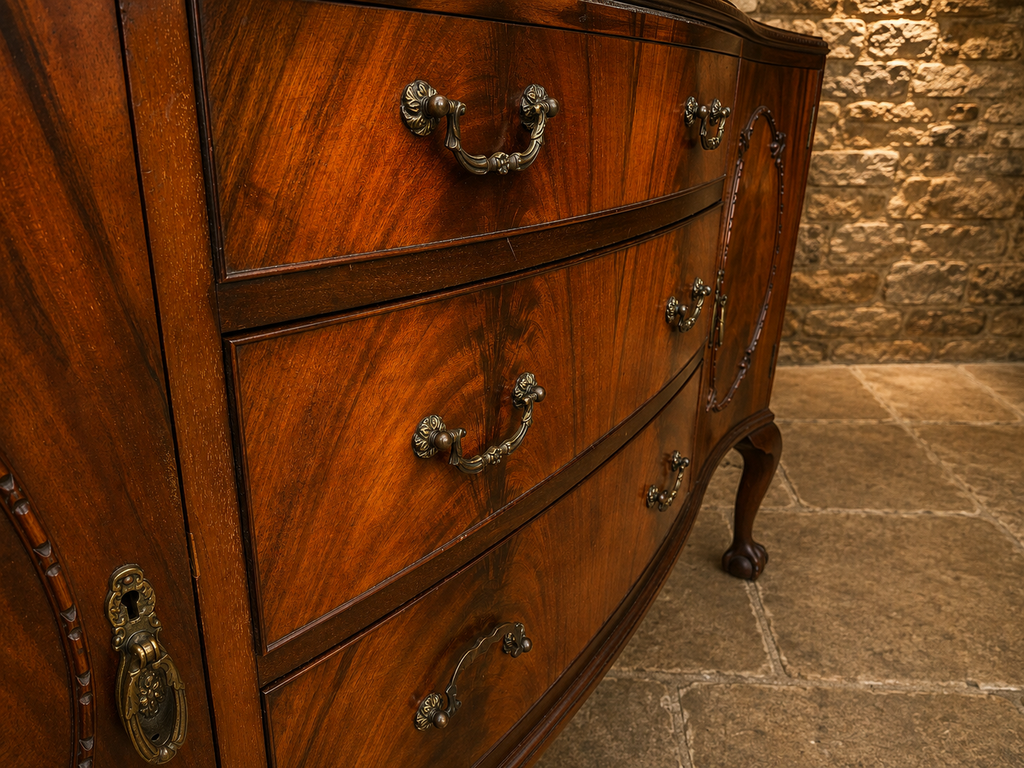 Antique Mahogany Serpentine Sideboard with Figured Veneers – Early 20th Century