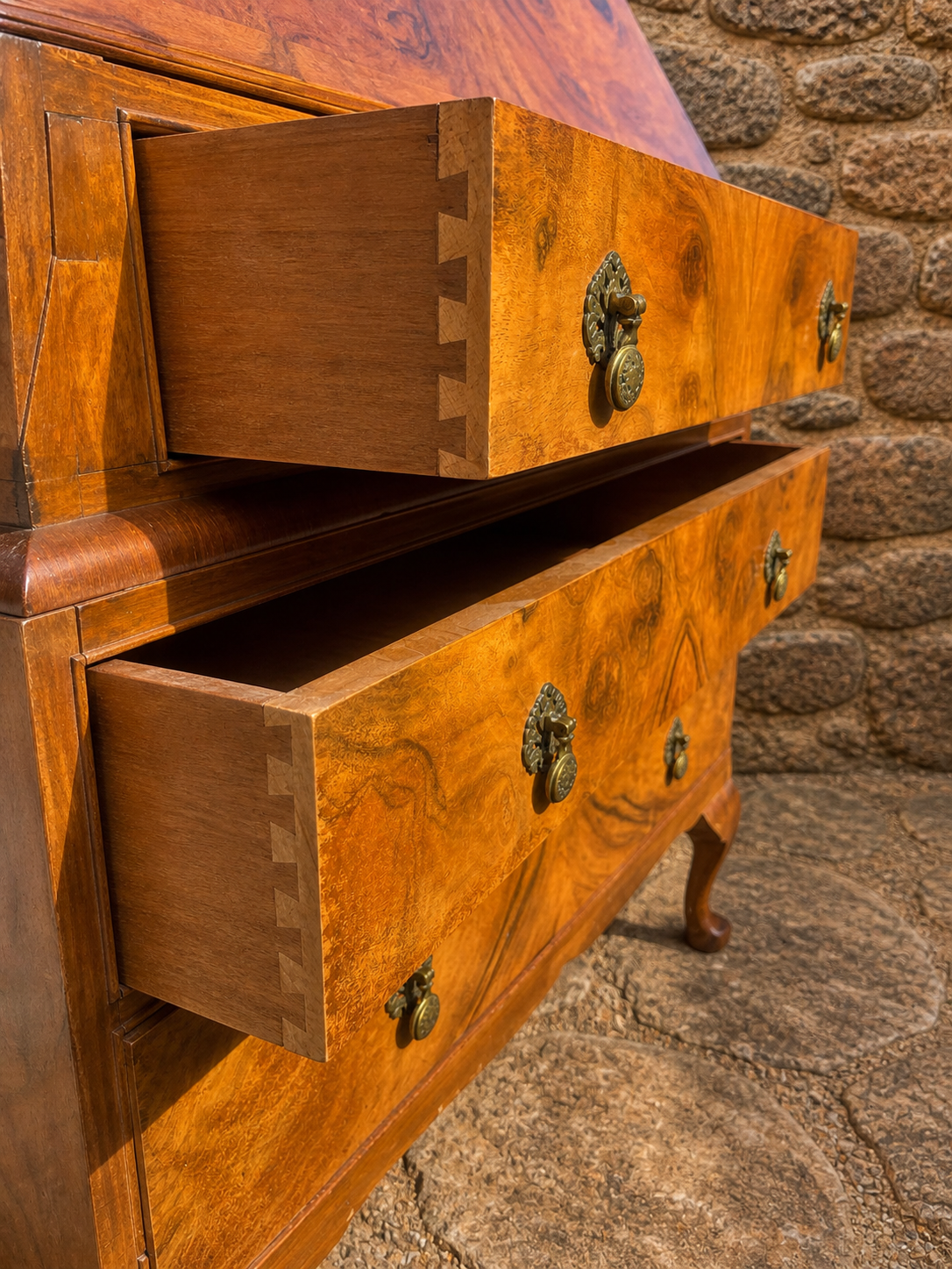 Burr Walnut Writing Bureau – Vintage Fall Front Desk