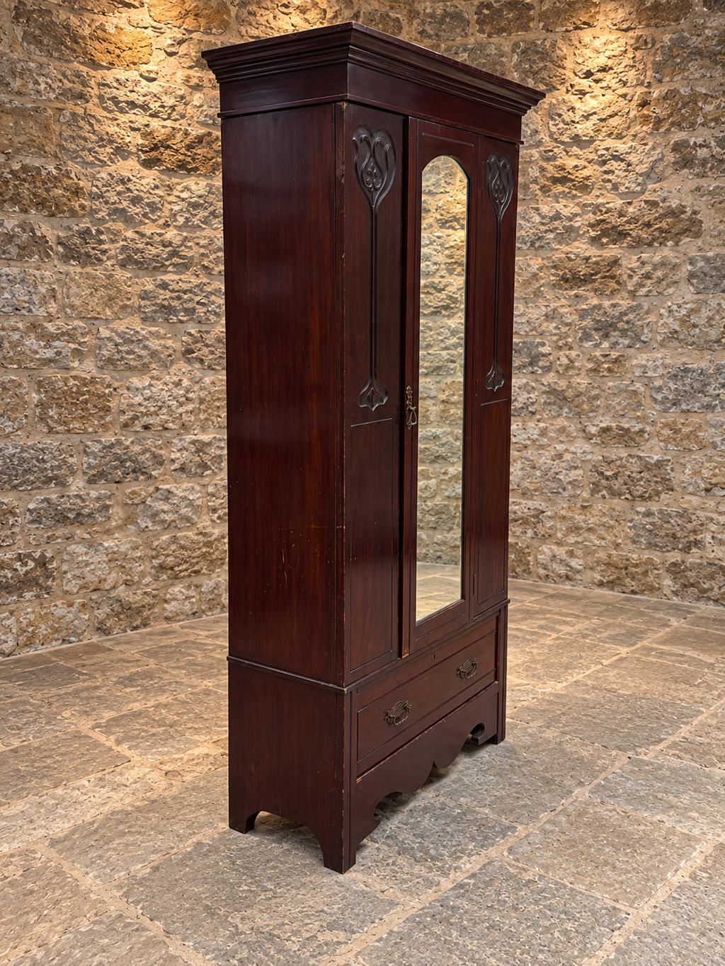 Antique Edwardian Art Nouveau Mahogany Mirrored Wardrobe – c.1900