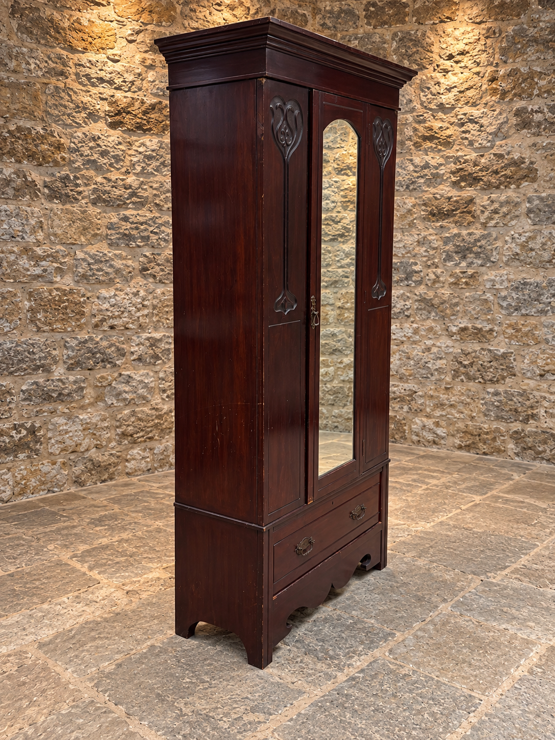 Antique Edwardian Art Nouveau Mahogany Mirrored Wardrobe – c.1900