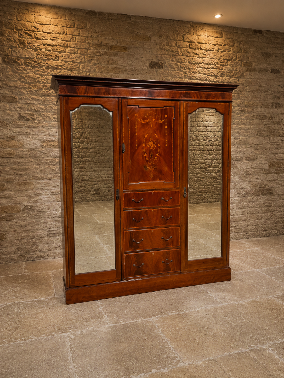 Antique Edwardian Inlaid Mahogany Triple Wardrobe c.1900 – Sheraton Revival Mirrored Wardrobe